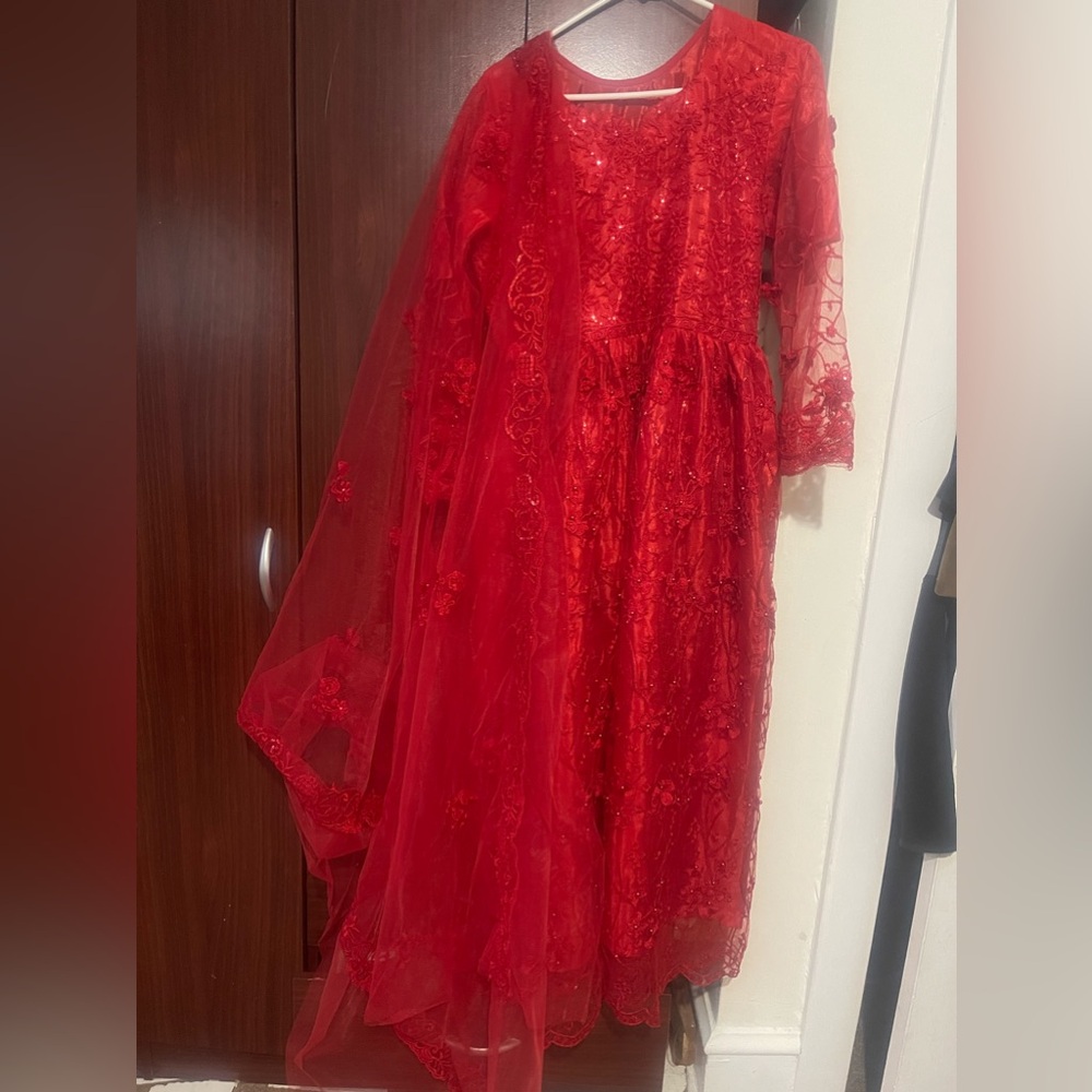 Pakistan design maxi red color with 3D flowers abd pearl work beautiful